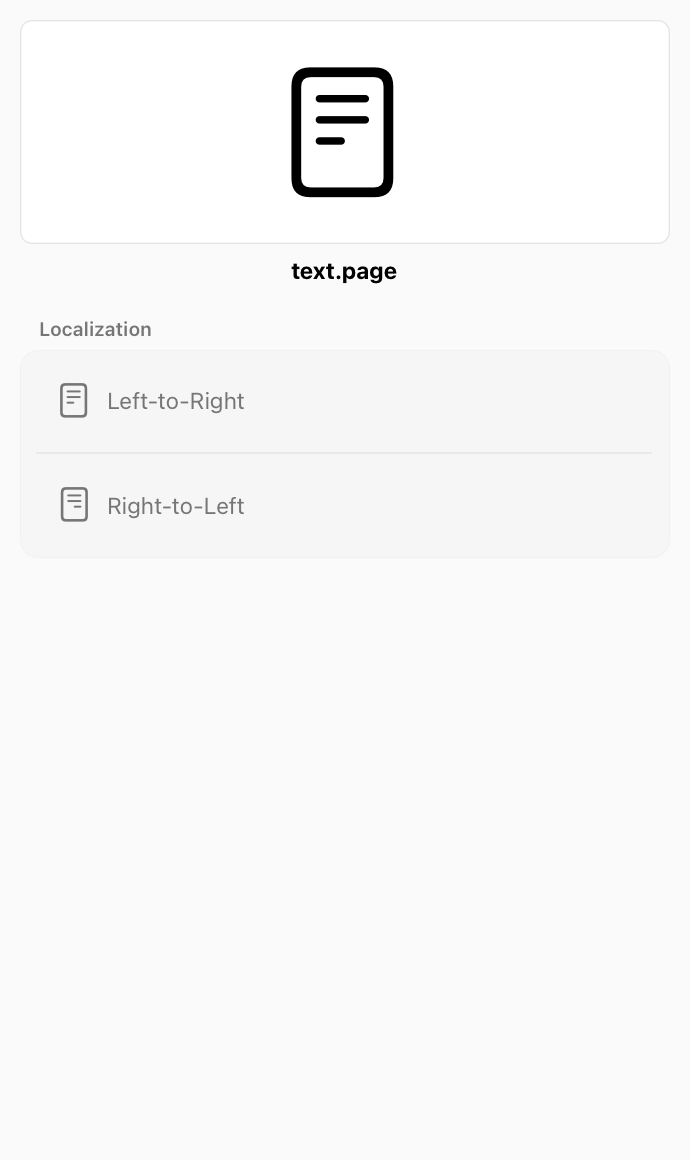 A partial screenshot of the SF Symbols app showing the info panel for the text dot page symbol, which looks like three left-aligned horizontal lines inside a rounded rectangle. Below the image, the left-to-right and right-to-left localized versions are shown.