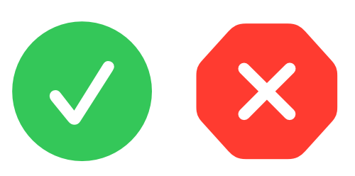An illustration of a green circle containing a checkmark to the left of a red octagon containing an X.