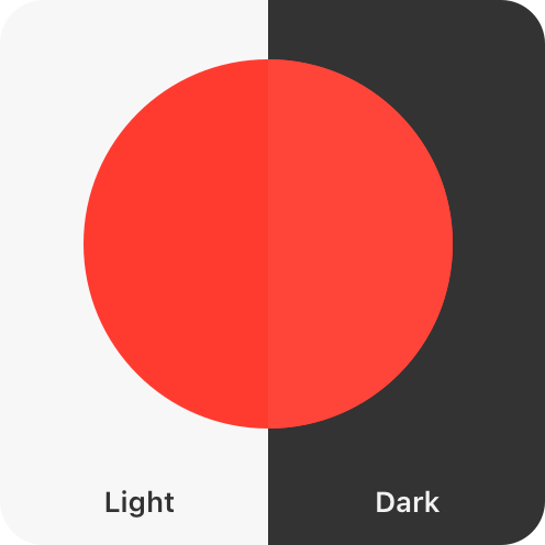 An illustration demonstrating how the system-defined color red appears above a light and dark background. In the illustration, a circle is positioned above a rounded rectangle. The left side of the rounded rectangle is light in color, and the right side is dark. The left side of the circle is slightly darker than the right side.