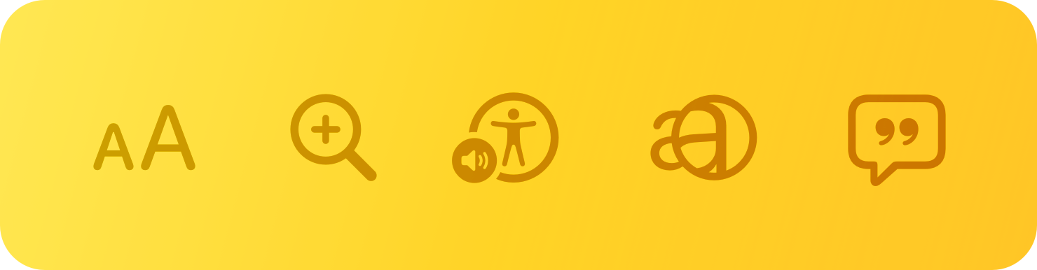 An illustration containing five symbols associated with the topic of vision, including symbols representing text size, magnification, VoiceOver, and spoken dialogue.