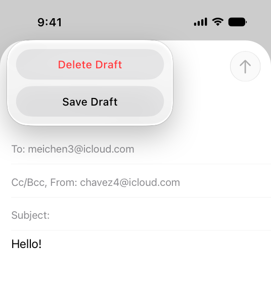A partial screenshot of a new message being composed in Mail on iPhone, with the action sheet open after choosing to cancel the message. The action sheet presents choices to delete the draft or save the draft.