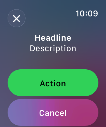 An illustration of an action sheet on Apple Watch, showing content that represents text in the top half of the watch screen and two stacked buttons in the bottom half.