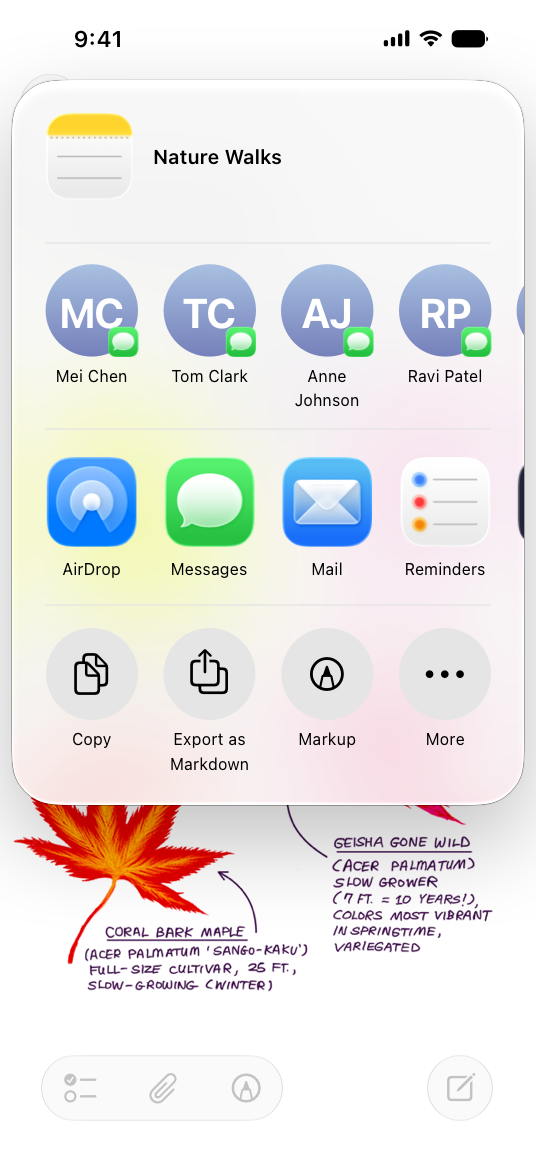 A screenshot of the Notes app on iPhone, with an open Notes document titled Nature Walks. An activity view is open from the Share button, including controls for sharing the document with contacts or other apps, and copying, exporting, or adding markup to the document.