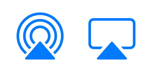 Two blue AirPlay icons. The left one is the audio AirPlay icon, represented by a triangle below three concentric lines. The right one is the video AirPlay icon, represented by a triangle below a rounded rectangle.
