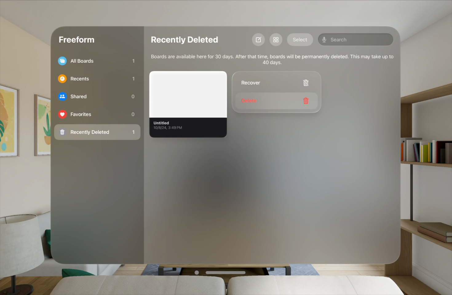 A video of an alert in the Freeform app running in the Shared Space in visionOS. When the video plays, someone chooses to permanently delete a recently deleted Freeform board. An alert then appears in front of the Freeform window to ask for confirmation.