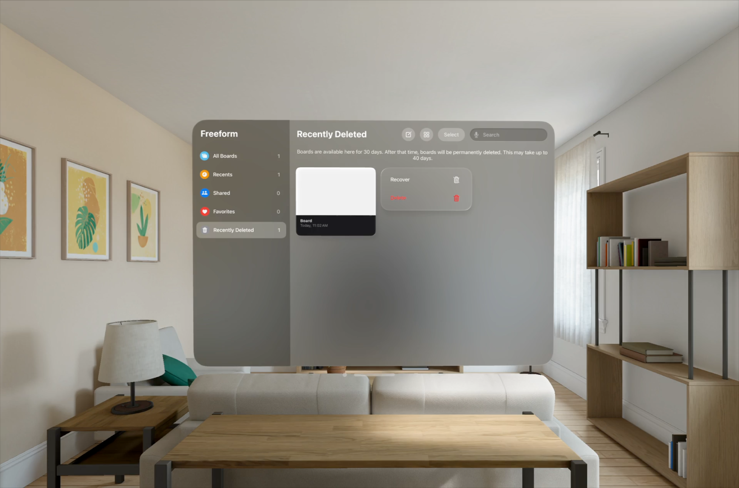 A video of an alert in the Freeform app running in the Shared Space in visionOS. When the video plays, someone chooses to permanently delete a recently deleted Freeform board. An alert then appears in front of the Freeform window to ask for confirmation. The alert is not dismissed and remains anchored to the Freeform window as it’s moved around the Shared Space.
