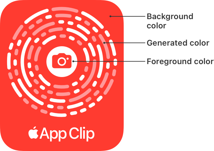 An illustration of an App Clip Code that uses the badge design and has callouts for the background, foreground, and generated colors.