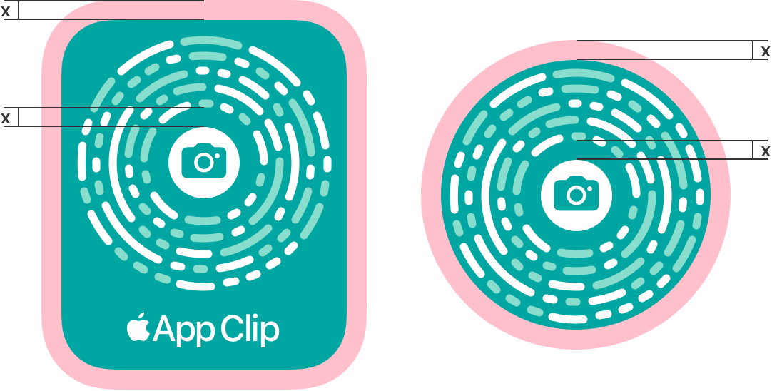 An illustration that shows an App Clip Code with the badge design to the left of an App Clip Code without the App Clip logo. A red guide surrounds each App Clip Code, illustrating the clear space requirements.