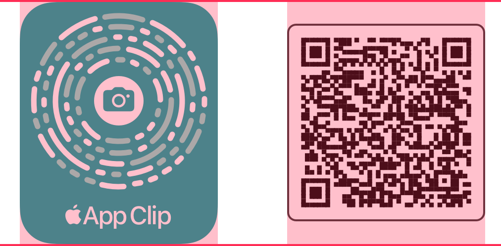 An illustration of an App Clip Code next to a QR code. Red guides denote that both are the same size.