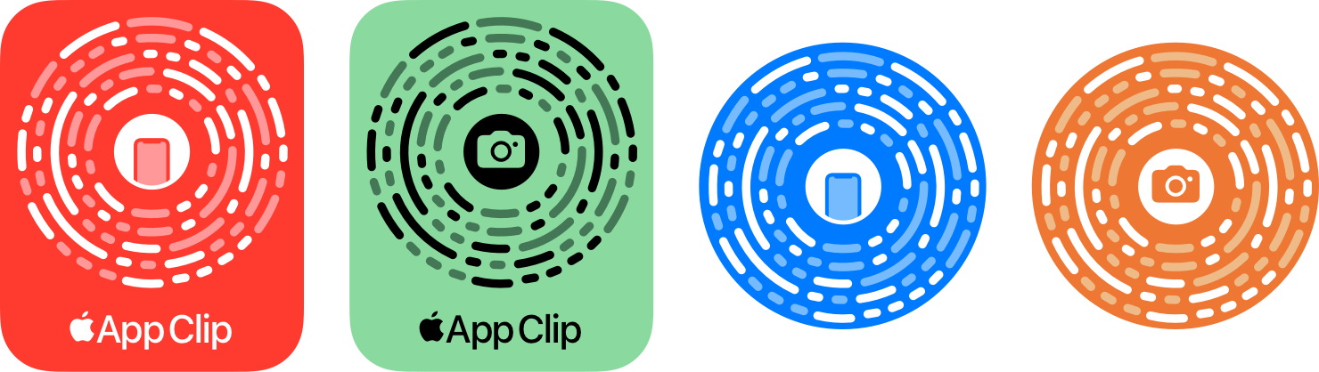 Four App Clip badges, each using different colors. The two on the left use the badge design, and the two on the right use the design without the App Clip logo.