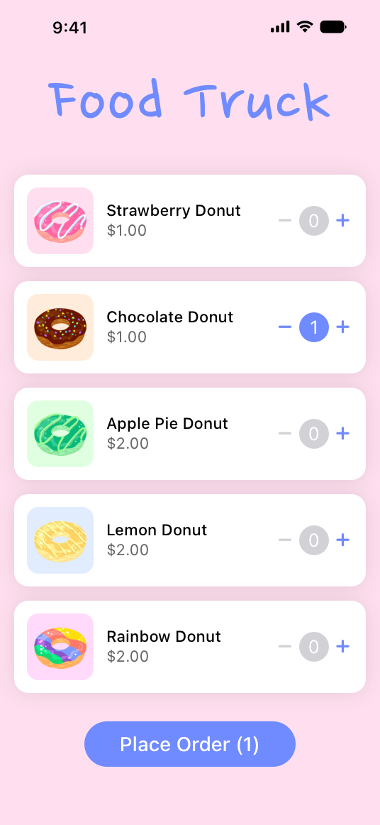 A screenshot of a food truck’s App Clip on iPhone as it appears when a person confirms the App Clip’s launch on the App Clip card. The App Clip displays a list with various donuts the person can order.