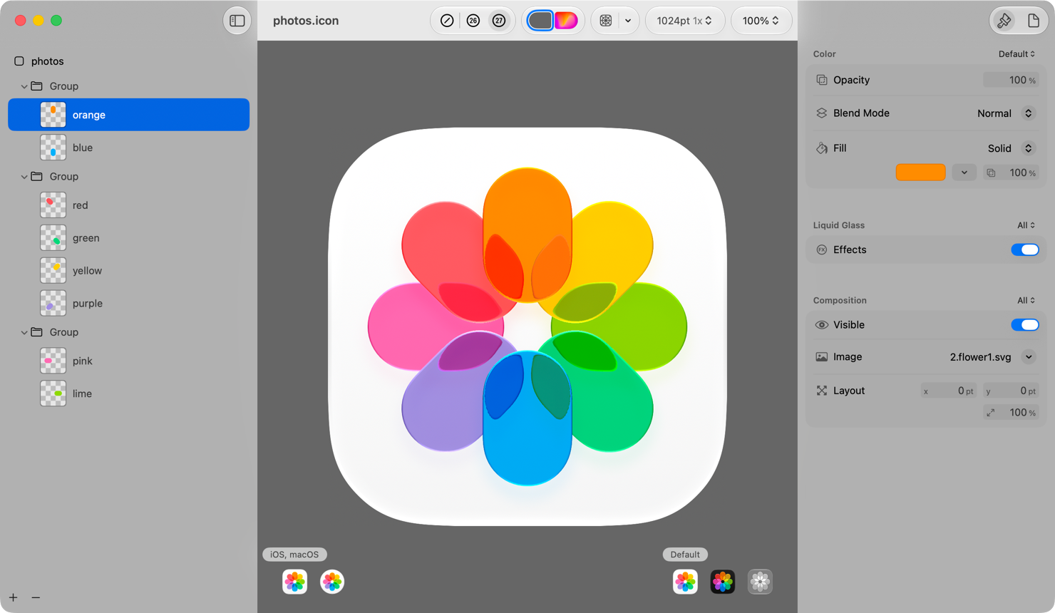 A screenshot of the Photos app icon in Icon Composer.