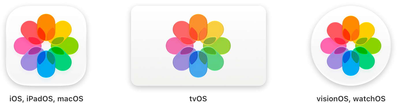 An image that shows three variations of the Photos app's app icon as it appears on different platforms. The first variation is a rounded rectangle shape, and represents the iOS, iPadOS, and macOS icons. The second variation is an elongated, rounded rectangular shape, and represents the tvOS icon. The third variation is a circular shape, and represents the visionOS and watchOS icons. All variations have the same overall design over different background shapes.