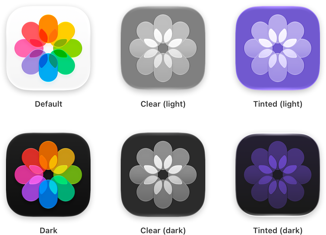 A grid showing the six different appearances of the Photos app icon in iOS. The top row shows the default, clear light, and tinted light icon variants. The bottom row shows the dark, clear dark, and tinted dark variants.