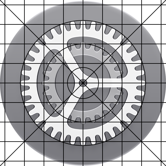 An image of the Settings icon for watchOS. The visionOS and watchOS icon grid is overlaid on the icon to show how the icon's shape and its elements map to the grid.
