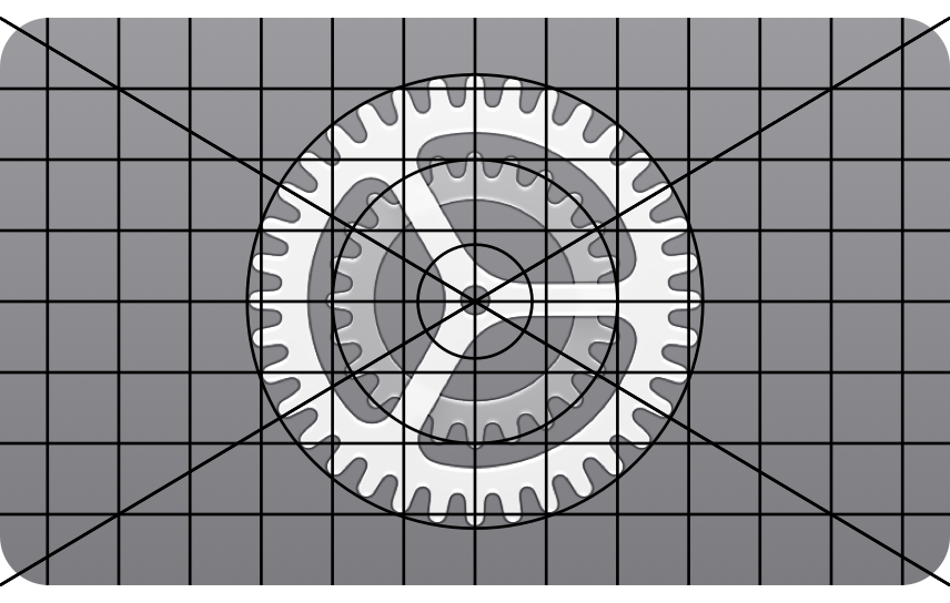 An image of the Settings icon for tvOS. The tvOS icon grid is overlaid on the icon to show how the icon's shape and its elements map to the grid.