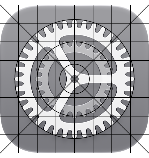 An image of the Settings icon for iOS. The iOS, iPadOS, and macOS icon grid is overlaid on the icon to show how the icon's shape and its elements map to the grid.