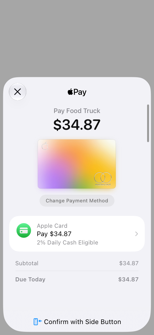 A screenshot of an Apple Pay payment sheet that displays details about a food truck purchase, including a payment method and the total amount.