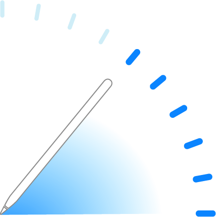 An illustration of Apple Pencil tilted up from a horizontal line by 45 degrees.