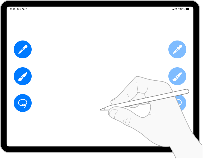 An illustration of an iPad app that shows a stack of three circular controls on both side edges. A drawing of a person’s right hand holding an Apple Pencil is shown at the bottom-right corner of the screen, partially obscuring the controls on that side. The controls on the right edge are grayed out to indicate the original position they no longer occupy, while the controls on the left edge are bright to indicate their final position.