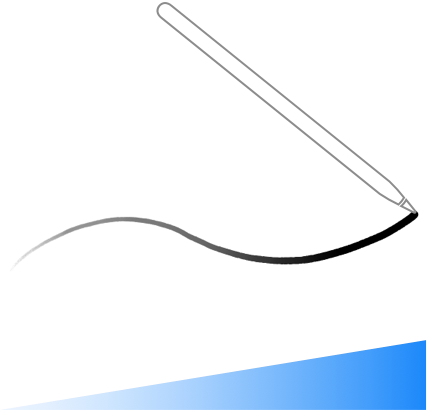 An illustration of Apple Pencil drawing a curved line that increases in thickness as more pressure is applied to the tool.
