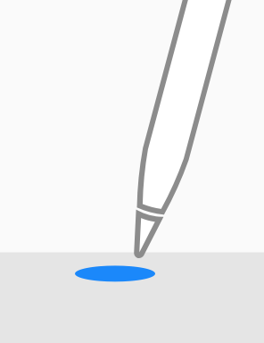 An illustration of Apple Pencil hovering slightly above a gray rectangle that represents the screen. A large blue oval beneath the tip represents a preview.