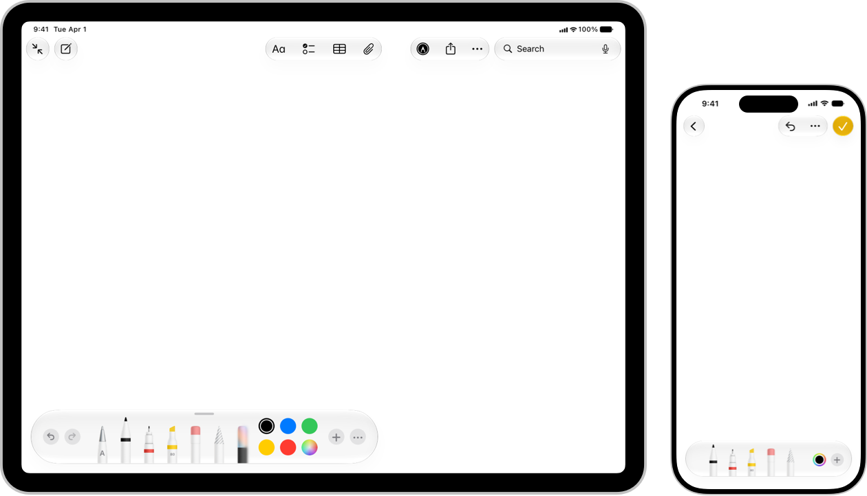 An illustration of an iPad screen in landscape on the left and an iPhone screen in portrait on the right. Both screens show the tool picker at the bottom edge of the screen. The iPad screen shows the standard undo and redo buttons in the left end of the tool picker, and the iPhone screen shows the undo button in the top toolbar.