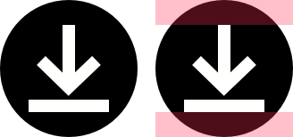 Two images of a white arrow that points down to a white horizontal line segment within a black disk. The image on the right includes two horizontal pink bars — one between the top of the glyph and the top of the disk and the other between the bottom of the glyph and the bottom of the disk — that show the glyph is geometrically centered within the disk.