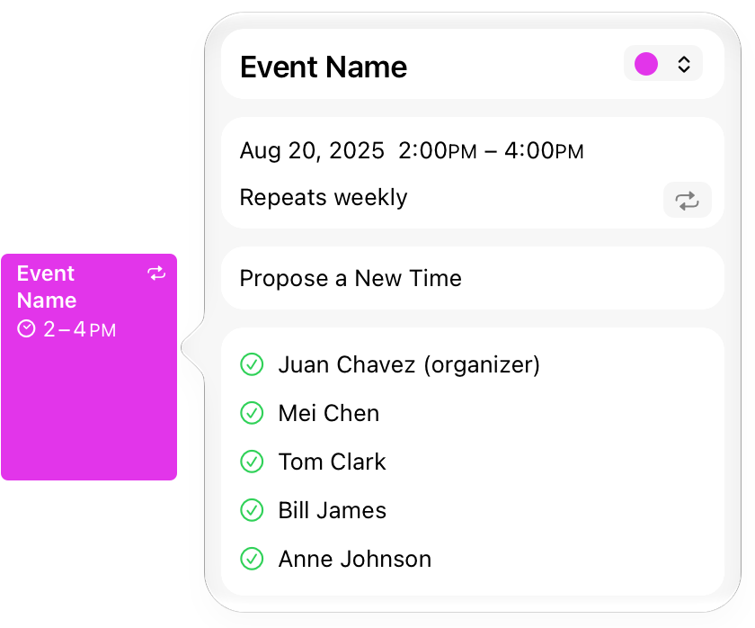 An illustration of an event in Calendar with the attached version of the event's popover next to and pointing to it.