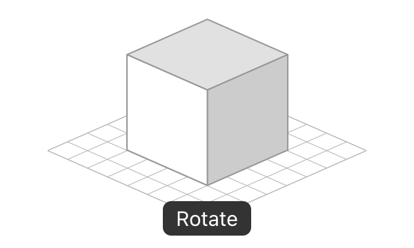 An illustration of a cube. The base of the cube is indicated with a grid, and underneath the cube is the word Rotate, hinting that the cube can be rotated within the 3D space.