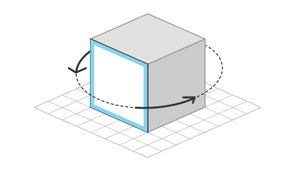 An illustration of a cube. The base of the cube is indicated with a grid, and the active side of the cube is outlined in blue. Arrows follow a continuous circle around the cube to the right, hinting that the cube can be rotated within the 3D context.