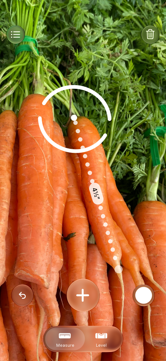A screenshot of the Measure app on iPhone showing a bunch of carrots. A line segment extends from one end of a carrot to the other end. The measurement is four and a half inches.
