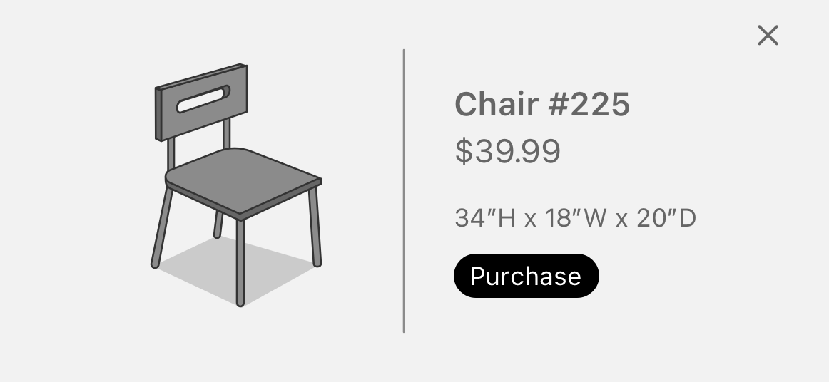 An illustration of an iPhone screen in landscape orientation showing a full-screen view with the detailed information for a chair. On the left side of the screen is an image of the chair, in the middle is a vertical separator line, and on the right is the model number, price, and size of the chair.