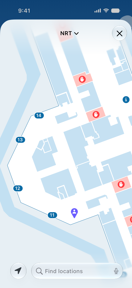 A screenshot on iPhone showing an airport map with the brand color in the content layer.