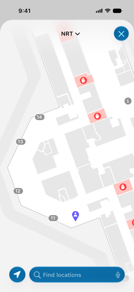 A screenshot on iPhone showing an airport map with the brand color used in all controls.