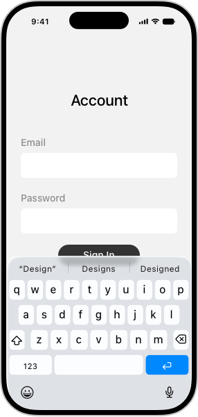 An illustration of an app layout on iPhone, showing two stacked text fields and a button above the keyboard. The keyboard covers part of the button.