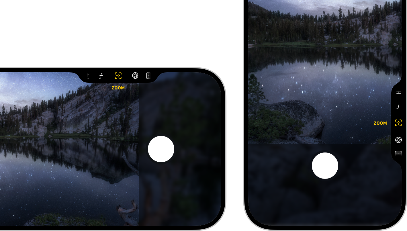 Partial screenshots showing the Camera Control overlay with its control's label in the viewport in portrait and landscape orientations on iPhone.