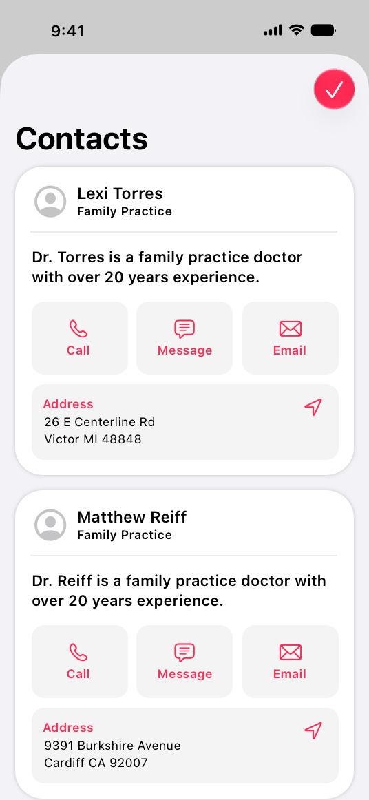 A screenshot of a CareKit app screen on iPhone that shows contact information for two doctors, including buttons for phone, message, email, and map directions.