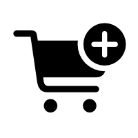 A silhouette of a wheeled shopping cart that faces right. A white plus sign inside a black disk is in the top-right corner.