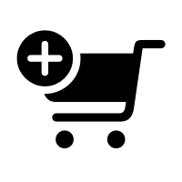 A silhouette of a wheeled shopping cart that faces left. A white plus sign inside a black disk is in the top-left corner.