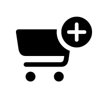 A silhouette of a wheeled shopping cart that faces left. A white plus sign inside a black disk is in the top-right corner.