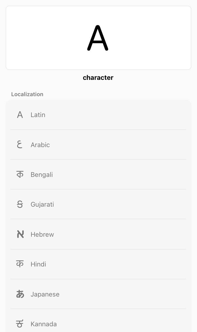 A partial screenshot of the SF Symbols app showing the info panel for the character symbol, which looks like the capital letter A. Below the image, the following eight localized versions of the symbol are listed: Latin, Arabic, Hebrew, Hindi, Japanese, Korean, Thai, and Chinese.