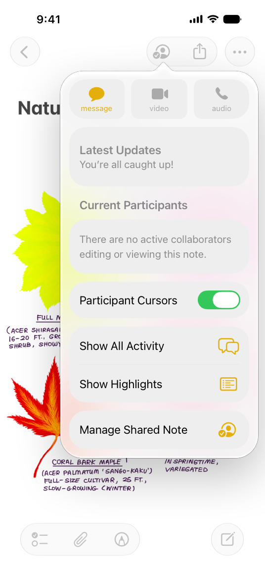 An illustration of a Notes document on iPhone. A menu is open from the Collaboration button in the document toolbar, with buttons to display the most recent updates and activities.