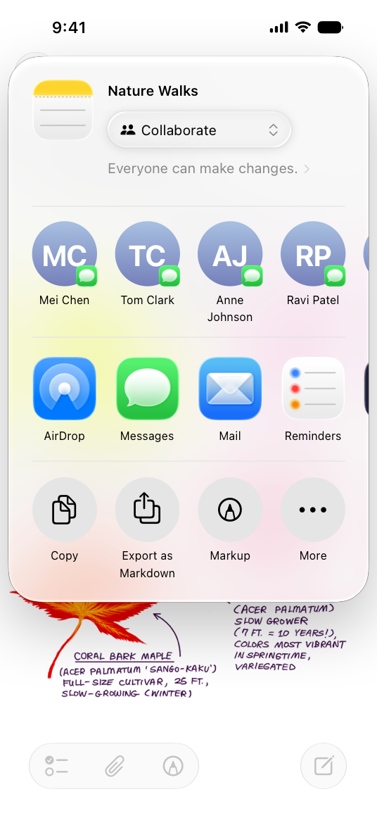 An illustration of a Notes document with the share sheet open on iPhone, with collaboration options set to indicate that everyone can make changes to the selected document.