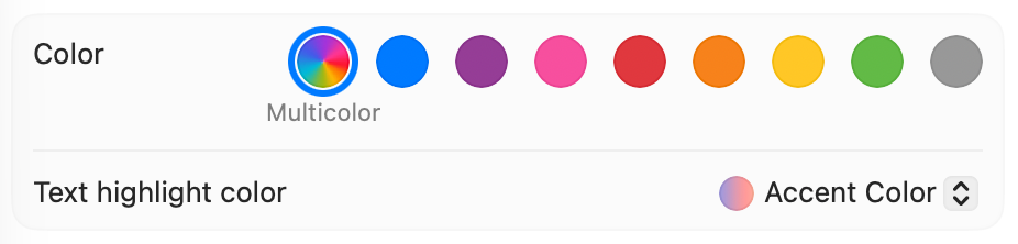 A screenshot of the accent color picker in the System Settings app.