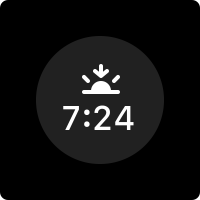 A sunset icon displayed above the time seven twenty-four PM, centered within a circular area.