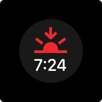 A sunset icon displayed above the time seven twenty-four PM, centered within a circular area.