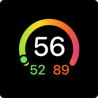 The number fifty-six in white text, surrounded by a partial circle that shades from green at the 8:00 position to red at the 4:00 position. Two numbers appear side by side at the bottom of the partial circle. Fifty-two appears in green text on the left and eighty-nine appears in red text on the right.