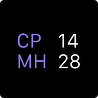 Text and numbers arranged in a two-row column. The top row displays the letters C and P and the number fourteen. The bottom row displays the letters M and H and the number twenty-eight.