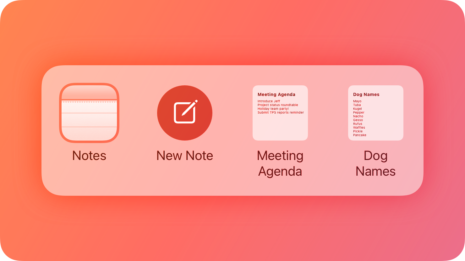 A stylized representation of the Notes app appearing as the result in the Top Hit area of Spotlight, along with App Shortcuts for creating a new note and opening two other recent notes. The image is tinted red to subtly reflect the red in the original six-color Apple logo.
